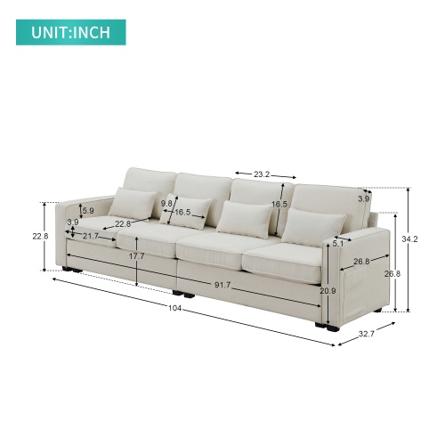 Seater Modern Linen Fabric Sofa With Armrest Pockets And 4 Pillows,Minimalist Style Couch For Living Room, Apartment, Office,3 Colors - Image 5