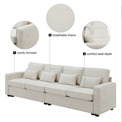 Seater Modern Linen Fabric Sofa With Armrest Pockets And 4 Pillows,Minimalist Style Couch For Living Room, Apartment, Office,3 Colors - Image 8