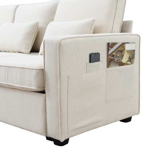 Seater Modern Linen Fabric Sofa With Armrest Pockets And 4 Pillows,Minimalist Style Couch For Living Room, Apartment, Office,3 Colors - Image 2