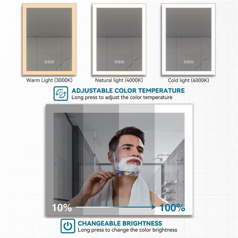 LED Bathroom Mirror Bright Front Side Light, 5 Mins Defog, Full HD Reflected, 3 Colors Dimmable, Wall Mounted - Image 2