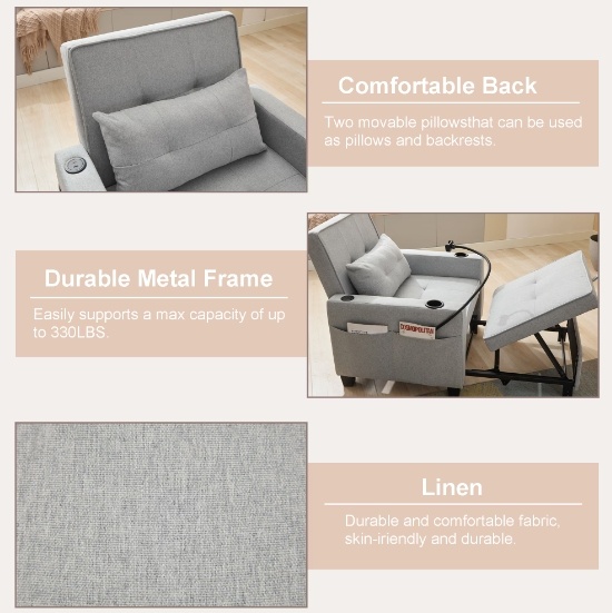 Futon Chair Bed Convertible Chair 3-in-1 Pull Out Sleeper Chair Beds With USB Ports,Wear-resistant And Anti-scratch, Armchair Bed Sleeper For Living Room,Grey. - Image 5