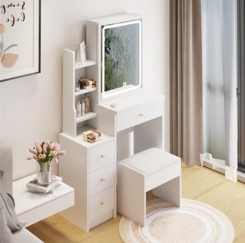 Small Size Left Bedside Table, Dressing Table With Soft Cushion Stool, Oversized Touch Sliding LED Mirror, Tri Color Switching, Adjustable Brightness, Suitable For Girls Up To 5.6 Feet Tall - Image 3