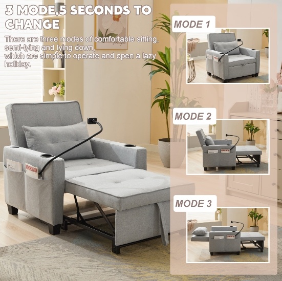 Futon Chair Bed Convertible Chair 3-in-1 Pull Out Sleeper Chair Beds With USB Ports,Wear-resistant And Anti-scratch, Armchair Bed Sleeper For Living Room,Grey. - Image 6