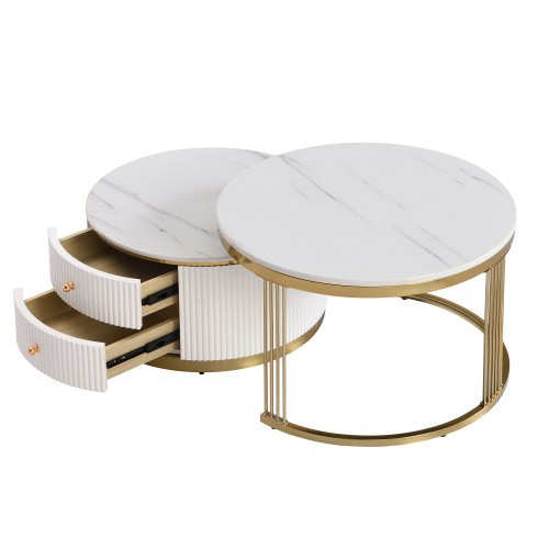 Modern 2-piece White Circular Nested Coffee Table With Drawers, 27.6 Inches - Image 6