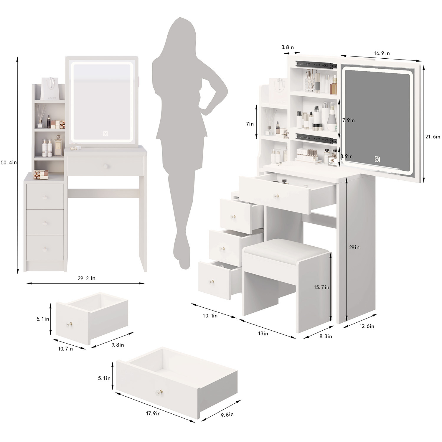 Small Size Left Bedside Table, Dressing Table With Soft Cushion Stool, Oversized Touch Sliding LED Mirror, Tri Color Switching, Adjustable Brightness, Suitable For Girls Up To 5.6 Feet Tall - Image 4