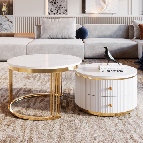 Modern 2-piece White Circular Nested Coffee Table With Drawers, 27.6 Inches - Image 9