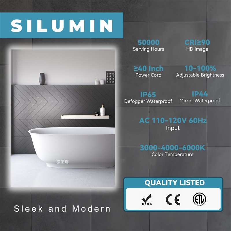 LED Bathroom Mirror Bright Backlight, 5 Mins Defog, Full HD Reflected Wall Mounted Vanity Mirror, 3 Colors Stepless Dimmable, CRI90, Memory Function, Anti-Fog - Image 3