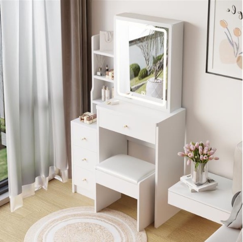 Small Size Left Bedside Table, Dressing Table With Soft Cushion Stool, Oversized Touch Sliding LED Mirror, Tri Color Switching, Adjustable Brightness, Suitable For Girls Up To 5.6 Feet Tall - Image 5