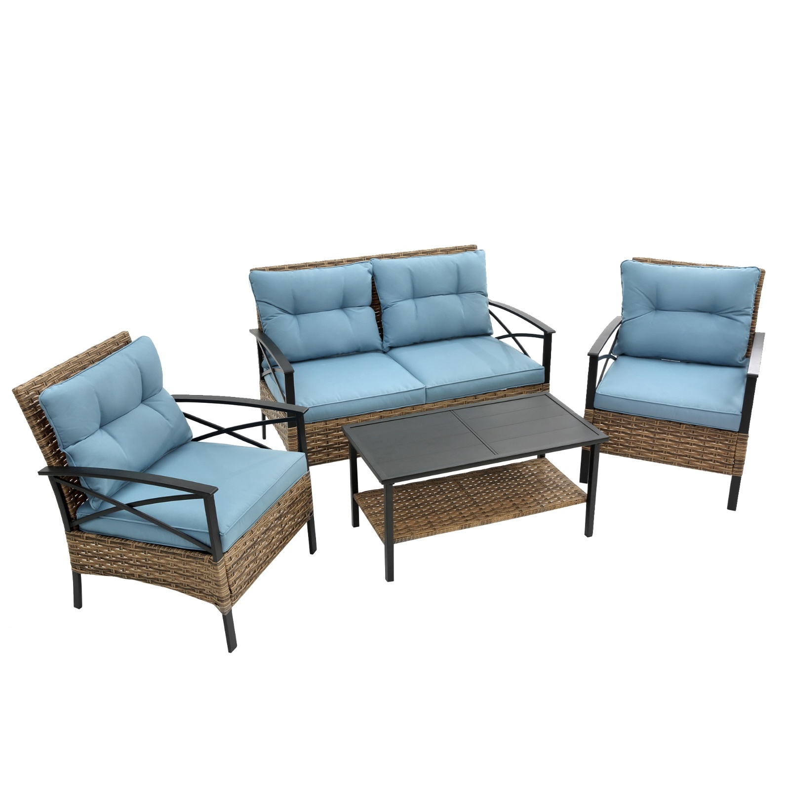 4-Piece Patio Sectional Low Dining Sofa Set - KD Rattan Wicker Outdoor Furniture - Image 3