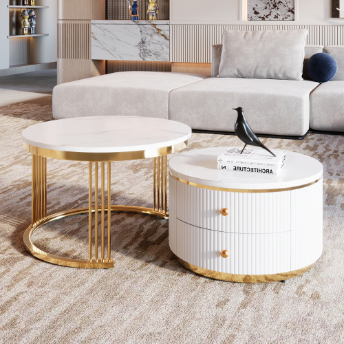 Modern 2-piece White Circular Nested Coffee Table With Drawers, 27.6 Inches - Image 3