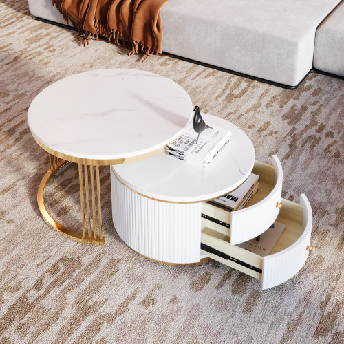 Modern 2-piece White Circular Nested Coffee Table With Drawers, 27.6 Inches - Image 5