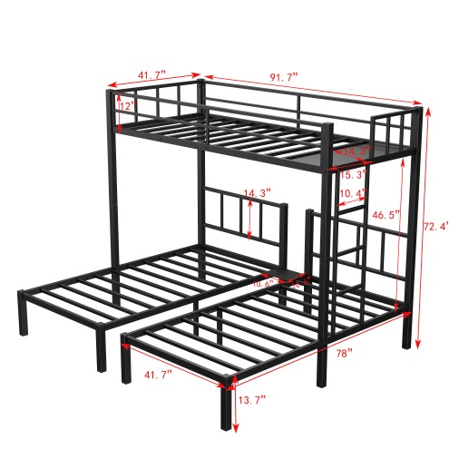 Twin Over Twin Twin Bunk Beds For 3, Twin XL Over Twin Twin Bunk Bed Metal Triple Bunk Bed, Black - Image 5