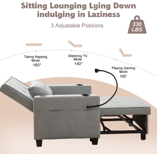 Futon Chair Bed Convertible Chair 3-in-1 Pull Out Sleeper Chair Beds With USB Ports,Wear-resistant And Anti-scratch, Armchair Bed Sleeper For Living Room,Grey. - Image 9