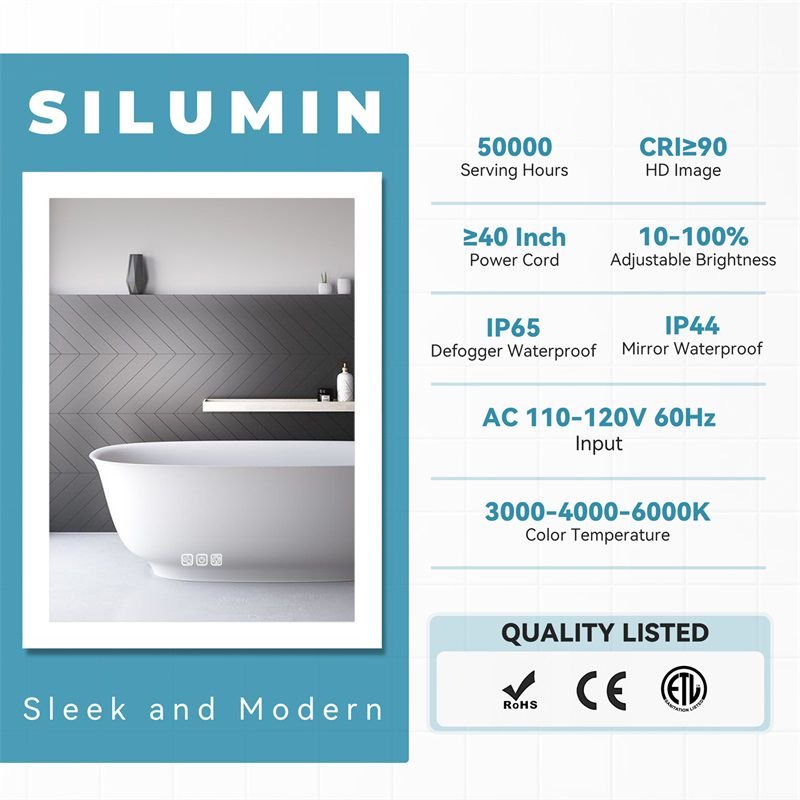 LED Bathroom Mirror Bright Front Side Light, 5 Mins Defog, Full HD Reflected, 3 Colors Dimmable, Wall Mounted - Image 3