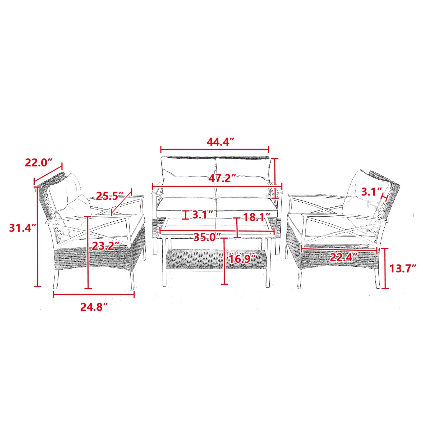 4-Piece Patio Sectional Low Dining Sofa Set - KD Rattan Wicker Outdoor Furniture - Image 10
