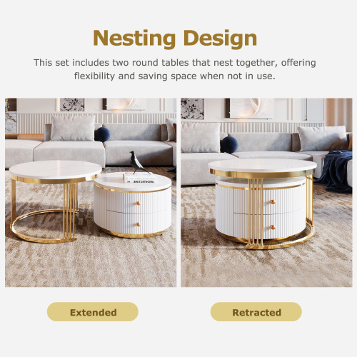 Modern 2-piece White Circular Nested Coffee Table With Drawers, 27.6 Inches - Image 7