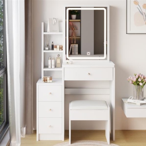 Small Size Left Bedside Table, Dressing Table With Soft Cushion Stool, Oversized Touch Sliding LED Mirror, Tri Color Switching, Adjustable Brightness, Suitable For Girls Up To 5.6 Feet Tall