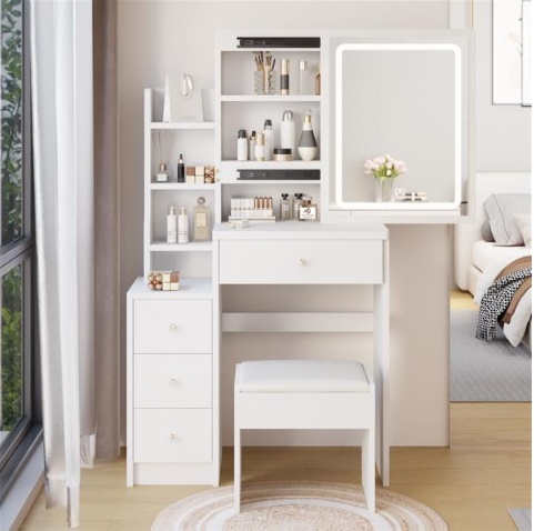 Small Size Left Bedside Table, Dressing Table With Soft Cushion Stool, Oversized Touch Sliding LED Mirror, Tri Color Switching, Adjustable Brightness, Suitable For Girls Up To 5.6 Feet Tall - Image 2